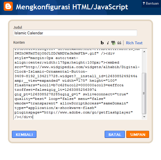 Jendela Konfigurasi HTML/Javascript pada Blogpspot