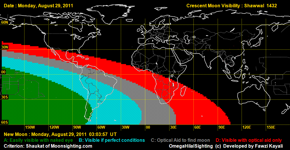 Data bisa dilihatnya bulan sabit tanggal 29 Agustus 2011 di dunia