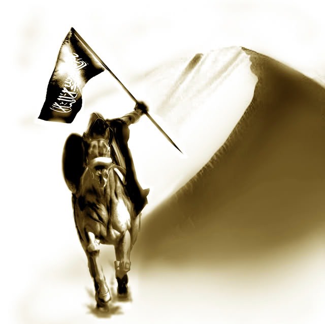 Pejuang Islam - berkuda membawa panji bendera Tauhid.