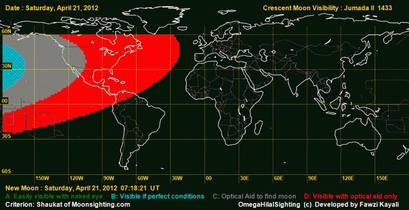 Crescent Visibility on Saturday, 21 April 2012. Only part of North America would be capable seeing the crescent with the help of telescope. Crescent would not be visible for most part of the world.