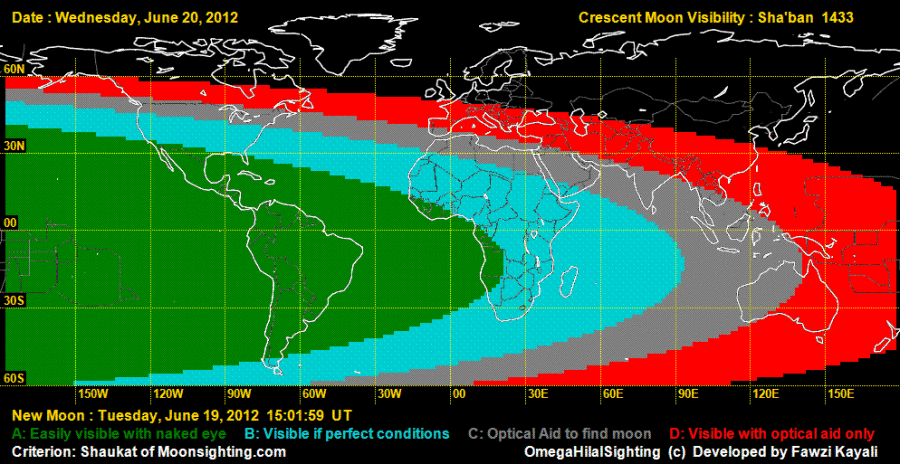 Crescent Visibility Map for Shaban 1433 AH