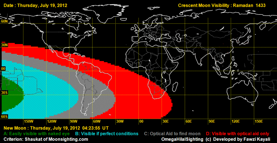 Crescent Moon Visibility Map for Ramadan 1433 H - on 19 June 2012