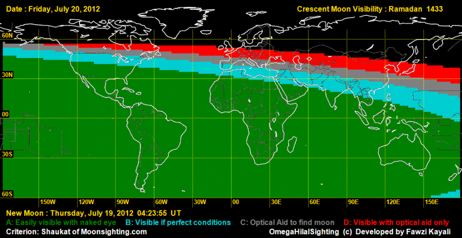 Crescent Moon Visibility Map for Ramadan 1433 H - on 20 July 2012