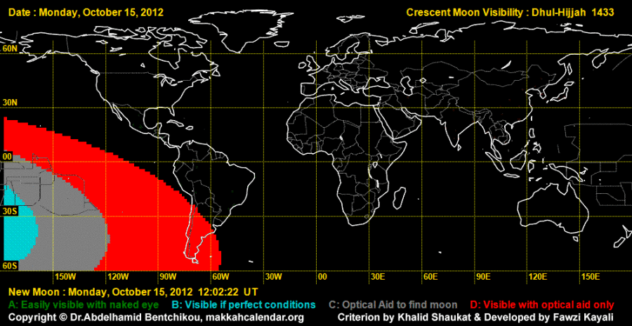 Peta Terlihatnya Hilal Dzulhijjah 1433 H - 15 Oktober 2012