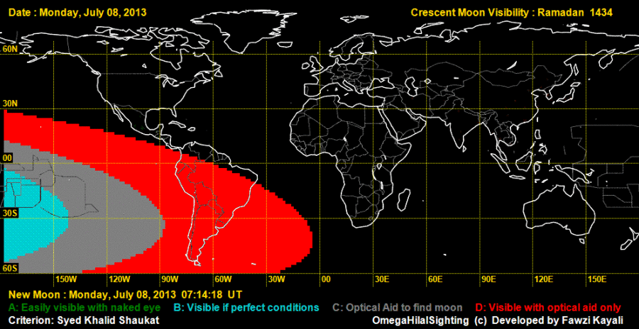 Pada petang hari Senin, 8 Juli 2013, bulan sabit tidak akan terlihat di hampir semua benua di dunia, kecuali wilayah Polinesia di Pasifik.