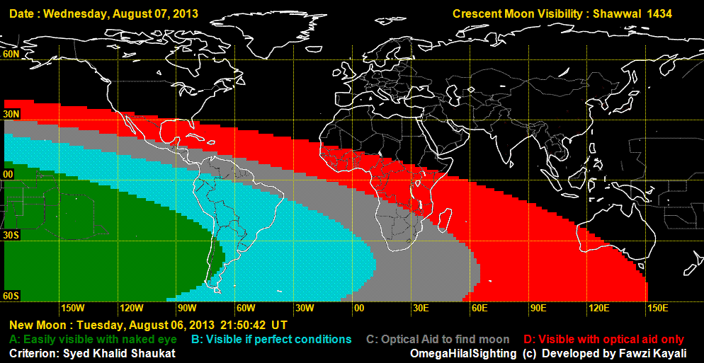 Crescent visibility map for Shawwal 1434 AH on the evening of 7 August 2013.