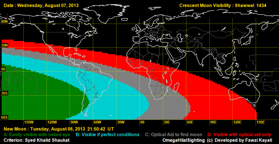 Peta terlihatnya bulan sabit untuk Syawal 1434 H. Berlaku pada petang hari 7 Agustus 2013. Wilayah indonesia diprediksi belum bisa melihat hilal pada petang hari Rabu ini.
