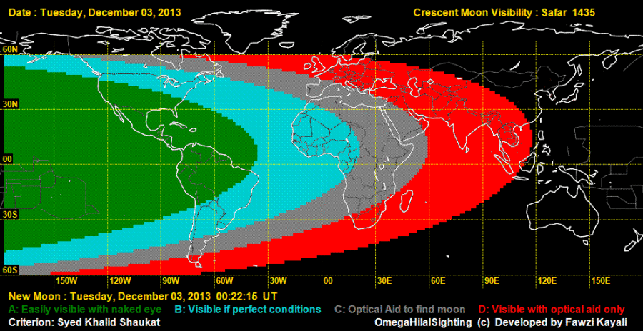 Crescent moon visibility map on the evening of 3rd December, 2013 that should mark the beginning of islamic month Shafar 1435 AH.
