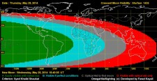 Crescent Visibility Curve of the month of Sha'ban 1435 AH for the evening of May 29th, 2014. Only South America and part of central America would be able to see the crescent easily.