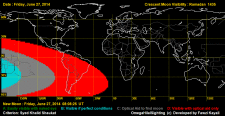 Only parts of South America have the possibilty of sighting the new crescent moon of Ramadan on the evening of 27 June 2014.