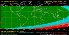 Peta kenampakan (visibilitas) hilal pada petang hari Sabtu, 22 Maret 2015 di seluruh dunia. WIlayah yang diarsir hijau sangat mungkin bisa melihat bulan sabit awal Jumadil Akhir 1436 H pada petang hari.