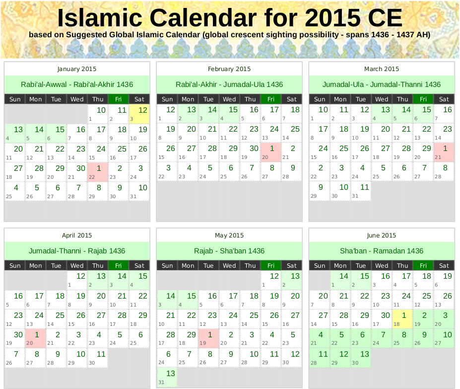 Screenshot of PDF version of the Islamic Calendar for 2015.