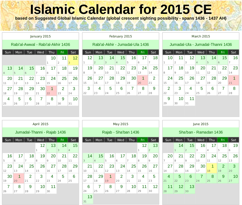 Islamic Calendar for 2015 CE (1436 1437 AH) Alhabib #39 s Blog