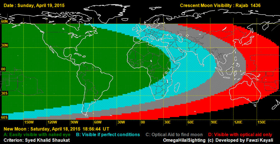 Crescent moon visibility map for Rajab 1436 AH as calculated for evening of Sunday, 19 April 2015. Indonesia and surrounding countries would have the chances of first sightings.