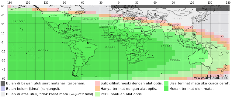 Peta Visibilitas Hilal Awal Bulan Ramadhan 1436 H Perhitungan Imkan Rukyat untuk Rabu, tanggal 17 Juni 2015, Berdasarkan Kriteria Yallop (1997). Ijtima' (Bulan Baru Astronomis): Selasa, 16 Juni 2015, 14:5 UTC. Nomor Lunasi Islam (ILN): 17229