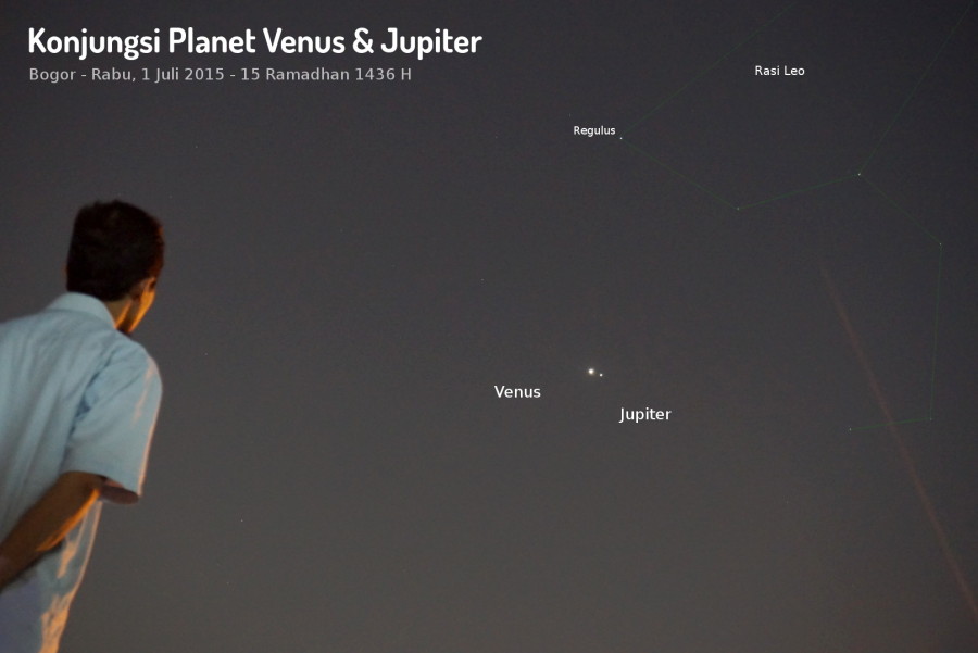 Konjungsi planet Venus dan Jupiter, 1 Juli 2015 (malam ke-15 Ramadhan 1436 H) terlihat dari Bogor. 