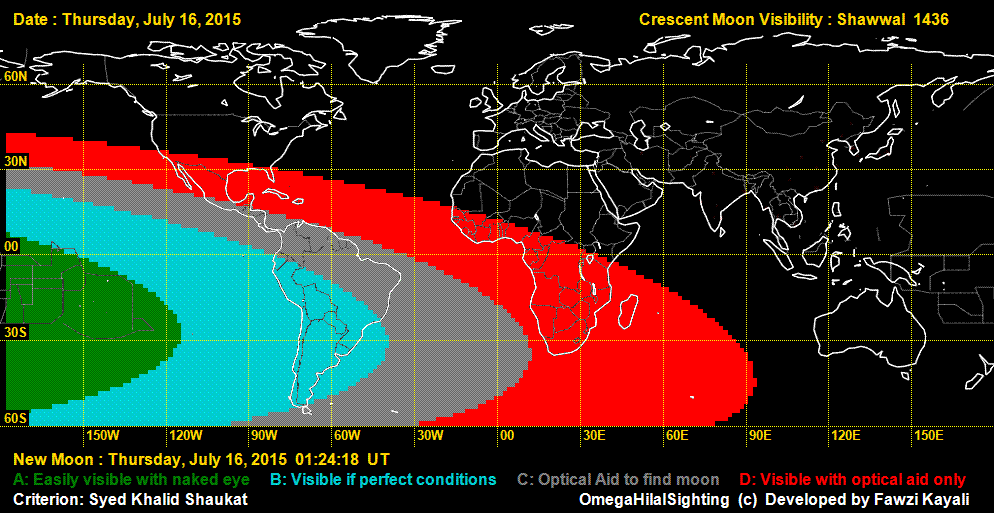 Only the Polynesian islands will be able to see the crescent moon of Shawwal 1436 H on the evening of Thursday, 16 July 2015.