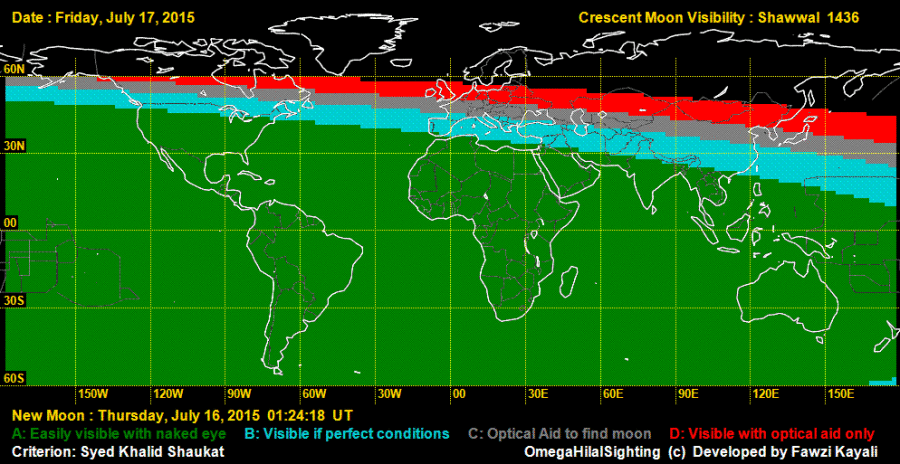 The crescent moon will be easily sighted on the evening of Friday, 17 July 2015 all over the world.