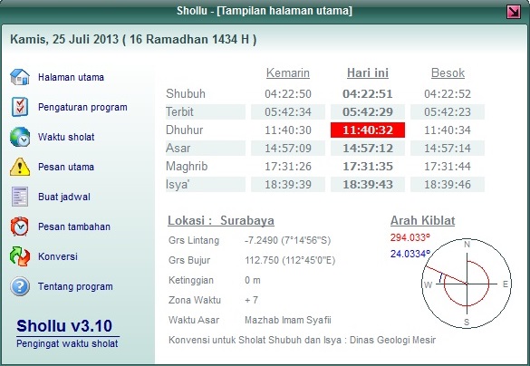 Tampilan program Shollu untuk membuat dan menampilkan jadwal waktu sholat untuk Indonesia.