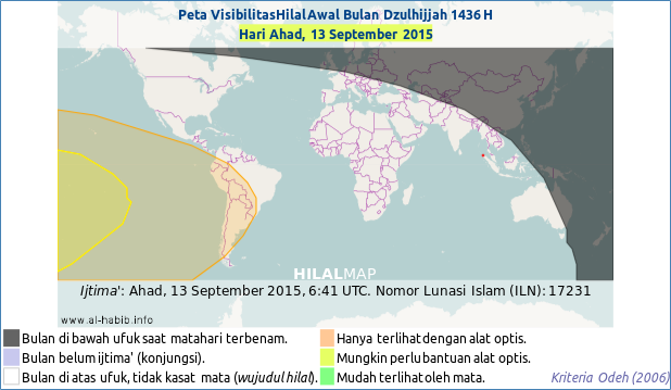 Peta visibilitas hilal pada petang hari Ahad, 13 September 2015 berdasarkan kriteria Odeh, 2006. Wilyah Indonesia sudah memasuki wujudul hilal namun hilal tidak akan bisa dilihat dengan mata kepala atau teleskop dari sebagian besar wilayah dunia.