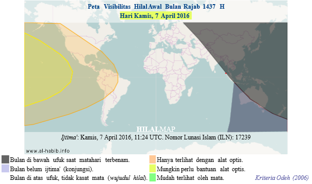Wilayah yang mungkin bisa melihat hilal Rajab 1437 H pada petang hari Kamis, 7 April 2016, hanyalah di sekitar Samudera Pasifik atau Amerika dengan bantuan teleskop.