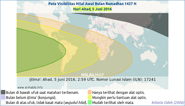 Peta visibilitas hilal Ramadhan 1437 H pada petang hari Ahad, 5 Juni 2016. Hilal akan bisa dilihat dengan mudah di wilayah Amerika Selatan dan mungkin juga dilihat di sebagian Amerika Serikat dan pantai barat Afrika.