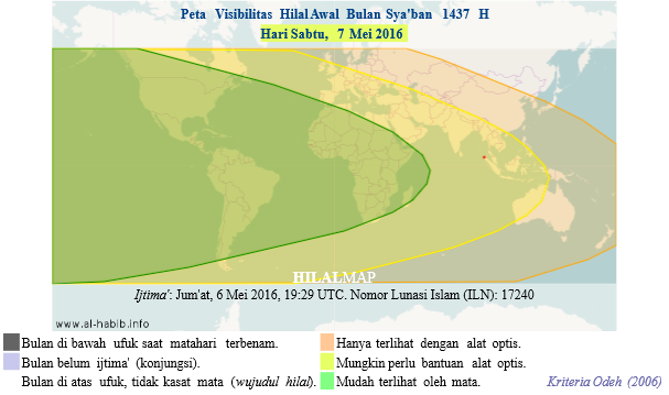 Peta Kenampakan Hilal Sya'ban 1437 H. Pada petang hari Sabtu, 7 Mei 2016, bulan sabit akan terlihat di sebagian besar wilayah dunia, meskipun untuk Indonesia bantuan alat optis akan diperlukan untuk bisa melihat hilal. Dengan demikian, 1 Sya'ban 1437 H bertepatan dengan Ahad, 8 Mei 2016.