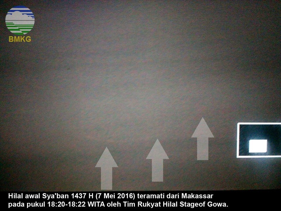 Foto hilal Sya'ban 1437 H terlihat melalui teleskop dan dipotret oleh tim Stasiun Geofisika BMKG Gowa, Sulawesi pada Sabtu, 7 Mei 2016 sekitar pukul 18:20