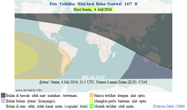Peta Visibilitas Hilal Syawal 1437 H pada petang hari Senin, 4 Juli 2016. Hampir di seluruh dunia tidak akan bisa melihat bulan sabit kecuali di wilayah Amerika Selatan dan Samudera Pasifik dengan bantuan teleskop.
