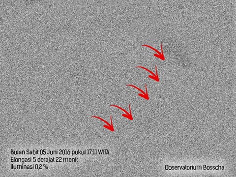 CCD image of the crescent moon at afternoon before sunset on Sunday, 5 June 2016 from Kupang, Indonesia. This image was produced through telescope and image processing and no crescent was visible to naked eye (even through telescope)