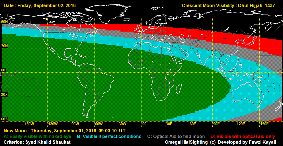 Most parts of the world would see the hilaal or crescent moon of Dzul-Hijja 1437 AH on the evening of Friday, 2 September 2016. (Visibility Map)