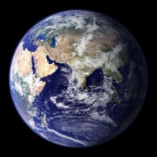 Foto bumi dan siang malam dari angkasa menunjukkan bentuk bumi bulat. 