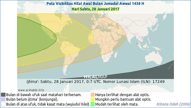 Peta visibilitas hilal Jumadil Awwal 1438 H pada hari Sabtu, 28 Januari 2017. Hanya wilayah Amerika yang diprediksi bisa melihat bulan sabit dengan mudah.