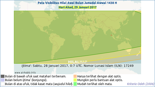 Peta visibilitas hilal Jumadil Awwal 1438 H pada hari Ahad, 29 Januari 2017. Hampir semua wilayah dunia diprediksi bisa melihat bulan sabit dengan mudah.