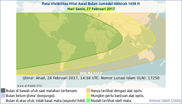 Peta kemungkinan terlihatnya bulan sabit (hilal) Jumadil Akhirah 1438 H pada petang hari Senin, 27 Februari 2017. Semua wilayah dunia kemungkinan bisa melihat bulan sabit. (HilalMap by Alhabib)