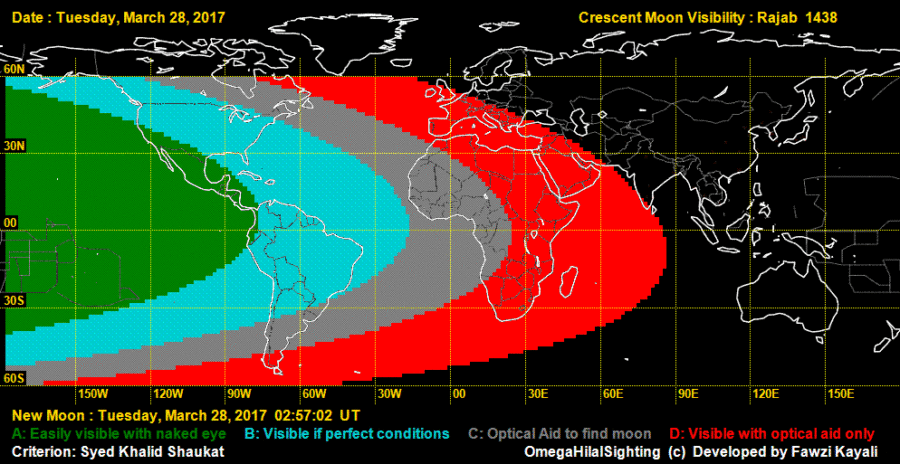 Crescent visibility map on Tuesday, 28 March 2017. Only those in North and South America could see the crescent moon of Rajab 1438 AH easily.