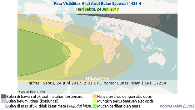 Peta kenampakan hilal 1 Syawal 1438 H. Hanya wilayah di sebelah barat Afrika yang bisa melihat bulan sabit 1 Syawal 1438 H pada petang hari Sabtu, 24 Juni 2017. Indonesia kemungkinan kecil bisa menyaksikan hilal pada hari Sabtu ini.