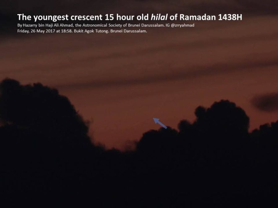 Foto hilal (bulansabit) 1 Ramadhan 1438 H yang amat tipis, yang teramati oleh tim pengamat dairi Brunei Darussalam pada petang hari Jum'at, 26 Mei 2017.