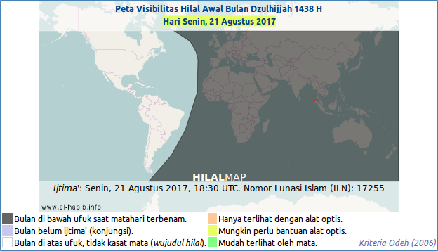 The crescent moon visibility map for Dhul-Hijja 1438 AH on Monday, 21 August 2017. The shaded area indicates that the moon will already set before the sunset that evening, thus will not be visible after maghrib time.