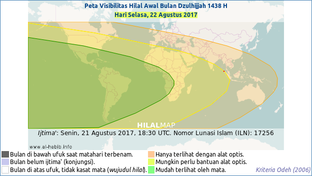 Peta Visibilitas Hilal (Bulan Sabit) untuk 1 Dzulhijjah 1438 H. Sebagian besar wilayah dunia akan bisa melihat hilal pada petang hari Selasa, 22 Agustus 2017. Dengan demikian, 1 Dzulhijjah 1438 H akan jatuh pada hari Rabu, 23 Agustus 2017 M.