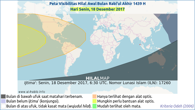 Peta visibilitas hilal Rabiul Akhir 1439 H pada hari Senin, 18 Desember 2017. Hilal kemungkinan kecil bisa dirukyat.