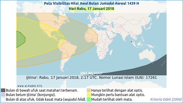 Peta Visibilitas Hilal Jumadil Awwal 1439 H pada petang hari Rabu, 17 Januari 2018. Bulan sabit kemungkinan kecil akan terlihat di wilayah barat benua Amerika.