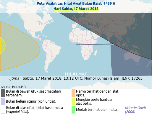 Peta visibilitas hilal Rajab 1439 H pada hari Sabtu, 17 Maret 2018.
