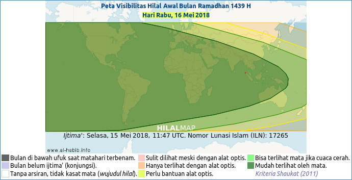 Peta kemungkinan terlihatnya bulan sabit pada hari Rabu, 16 Mei 2018 M. Dapat dilihat bahwa hampir seluruh wilayah dunia berada dalam arsiran hijau yang berartiÂ hilal Ramadhan 1439 H akan mudah dilihat pada petang hari Rabu tersebut.