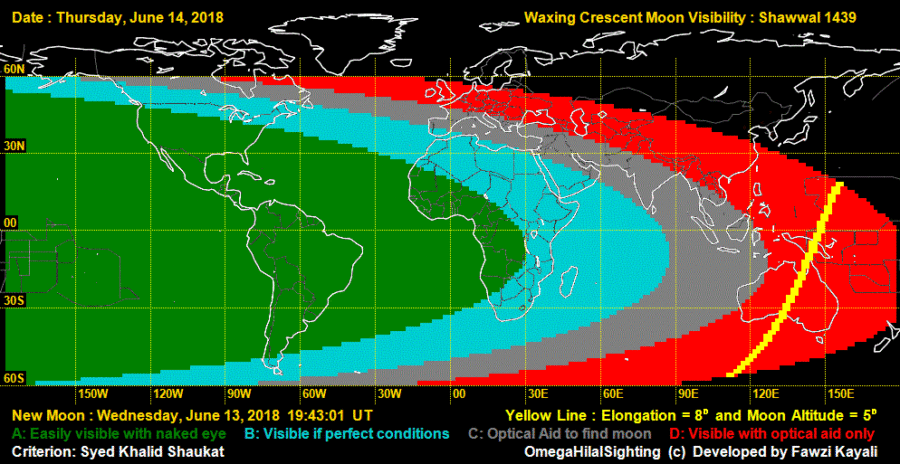 Crescent moon for Shawwal 1439 AH will be visible for most part of the world on the evening of Thursday, 14 June, 2018 thus making Eid-ul-Fitr to start on Friday, 15 June, 2018 globally.