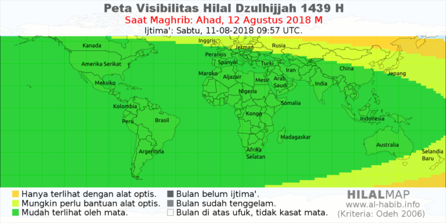 HilalMap - Peta Visibilitas Hilal (Bulan Sabit) Dzulhijjah 1439 H pada hari Ahad, 12 Agustus 2018. Bulan sabit akan dengan mudah dilihat di hampir seluruh dunia (arsir hijau). 