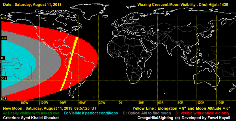 Hilaal (Crescent Moon) Visibility Map of Dhul-Hijjah 1439 on Saturday, 11 August 2018. Most part of the world would not be able to see the crescent on this evening with naked eye.