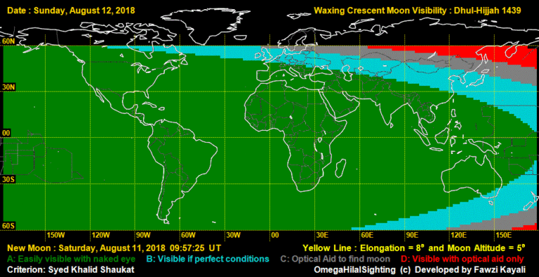 Hilaal (Crescent Moon) Visibility Map of Dhul-Hijjah 1439 on Sunday, 12 August 2018. The crescent moon of 1 Dhul-Hijjah 1439 H will be easily visible on this evening from all over the world.