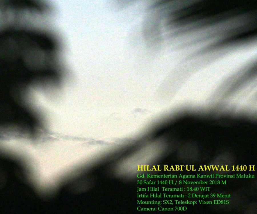Foto Hilal 1 Rabi'ul Awwal 1440 H dari Maluku, Indonesia. Hilal terlihat hari Kamis, 08 November 2018.