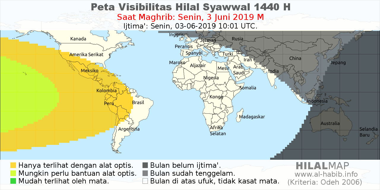 Peta visibilitas hilal Syawal 1440 pada hari Senin, 3 Juni 2019